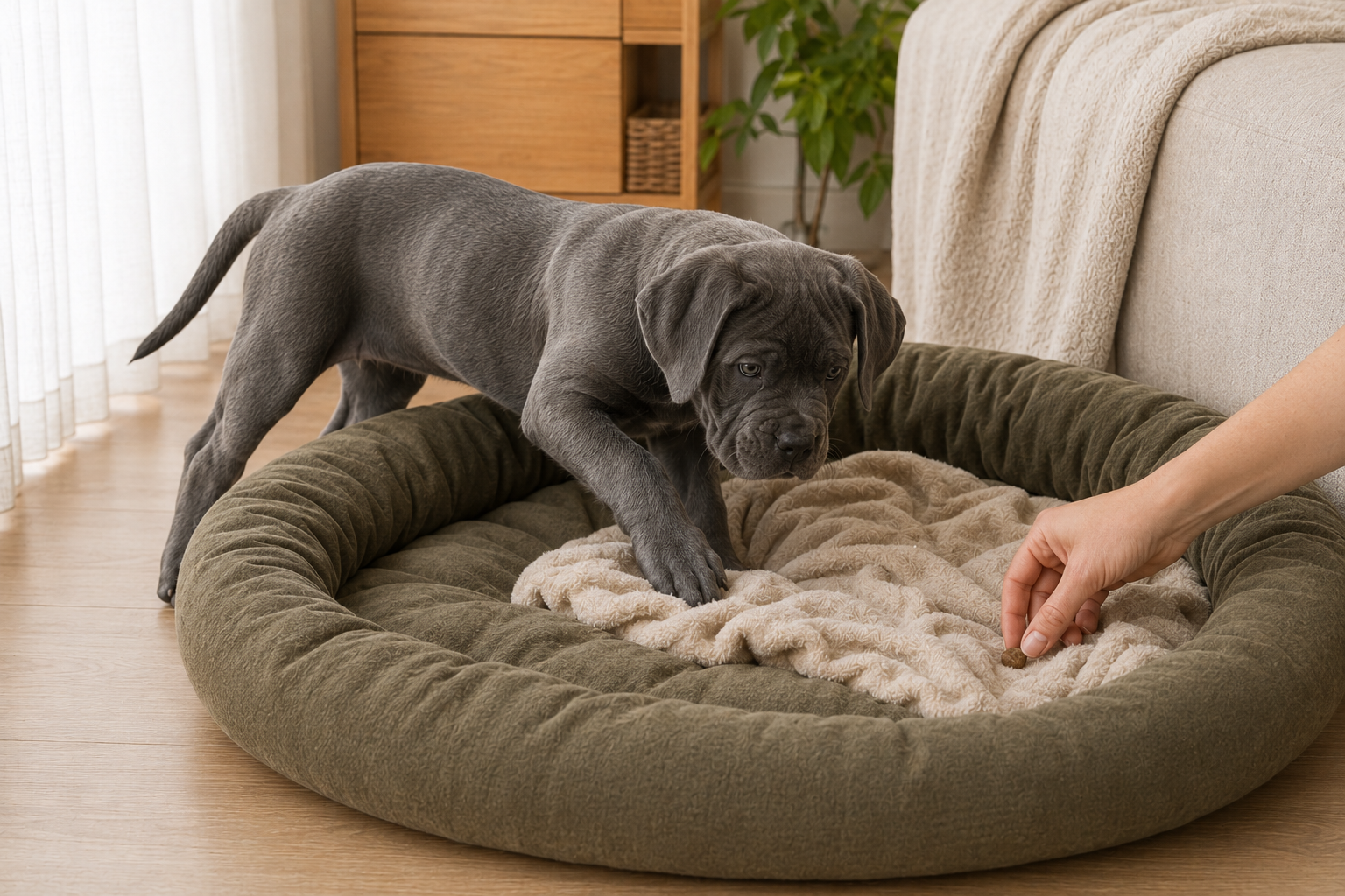 Štěně cane corso vstupuje do pelíšku za pamlskem